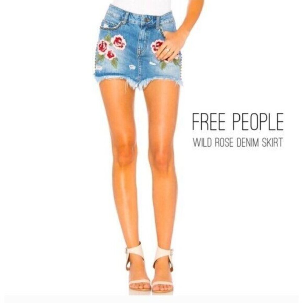 Free People ✦ Denim Mini Skirt ✦ Embroidered Roses Studs Raw Hem Distressed 26 - Picture 5 of 15